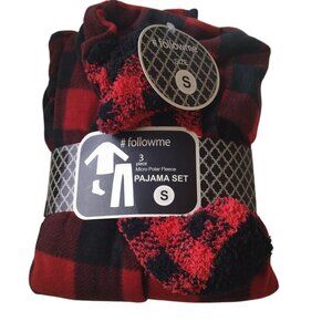 #followme Women's Small Micro Fleece Button Front Pajama Set with Socks Check